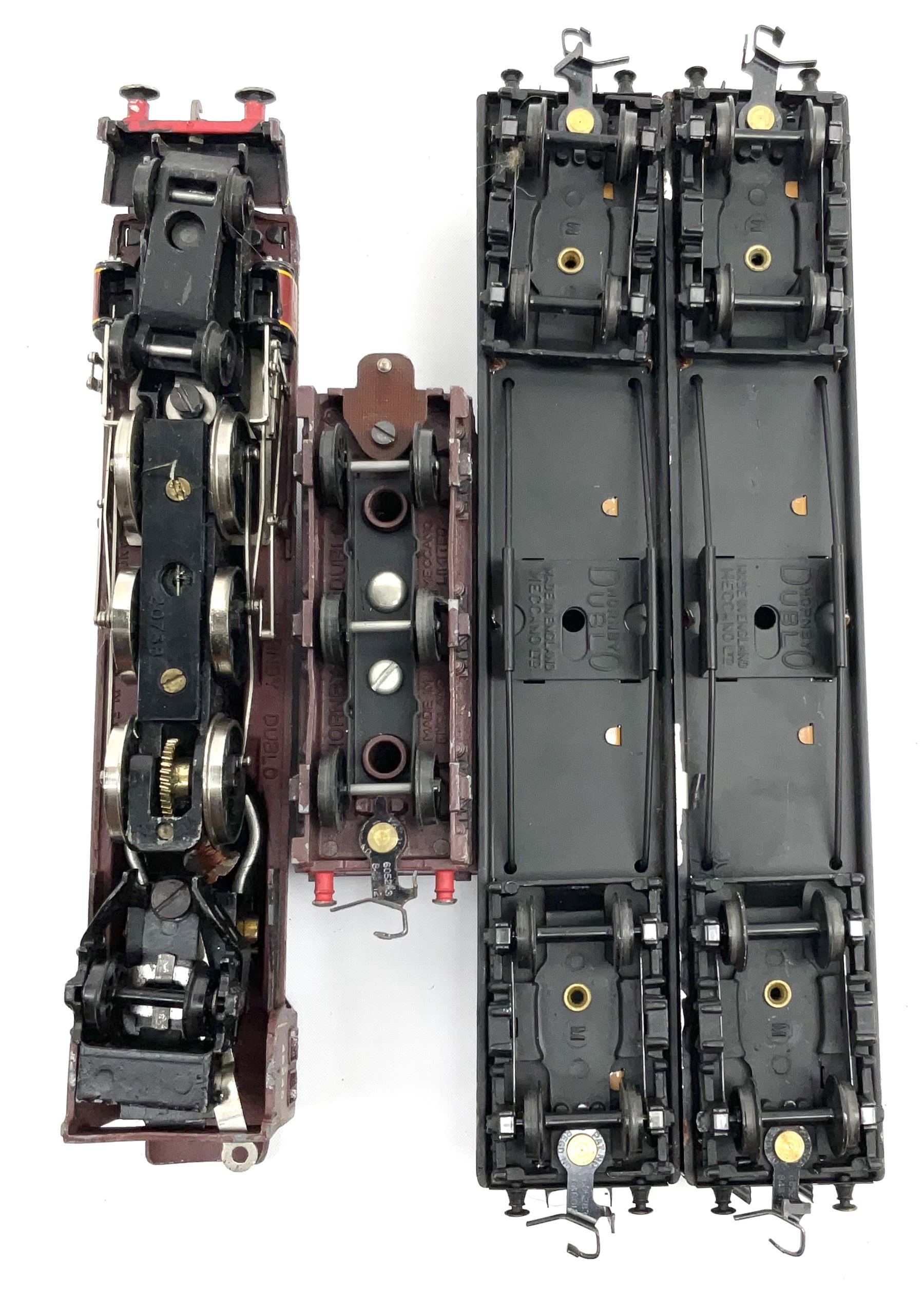 Hornby Dublo - two-rail 2022 'The Caledonian' Passenger Set LMR with Duchess Class 4-6-2 locomotive 'City of London' No.46245 with tender, two coaches and track, box base only, no lid; 4MT Standard 2-6-4 Tank locomotive No.80033 with two Talisman coaches and track in 2019 Goods Train Set box; four unboxed wagons, quantity of track, crane and buffer stops.
