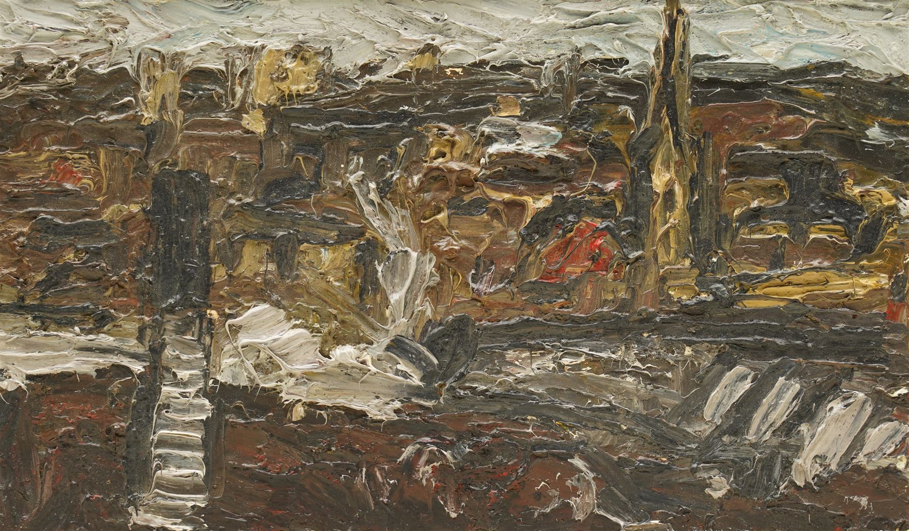 Barry De More (Yorkshire 1948-2023): 'Halifax with Square Chapel', oil and impasto on board signed titled and dated 2013 verso 16cm x 27cm
Notes: Acclaimed as one of the North's greatest expressionist artists, Barry De More (1948-2023) used a heavy impasto style to transfer his love of Yorkshire landscapes, townscapes and people to canvas. His work sits comfortably in the company of work by Kossoff and Auerbach, selling to collectors in the UK and overseas. De More's work can be found in the permanent collection of work by Northern Artists at Dean Clough, one of the UK's largest contemporary art galleries.