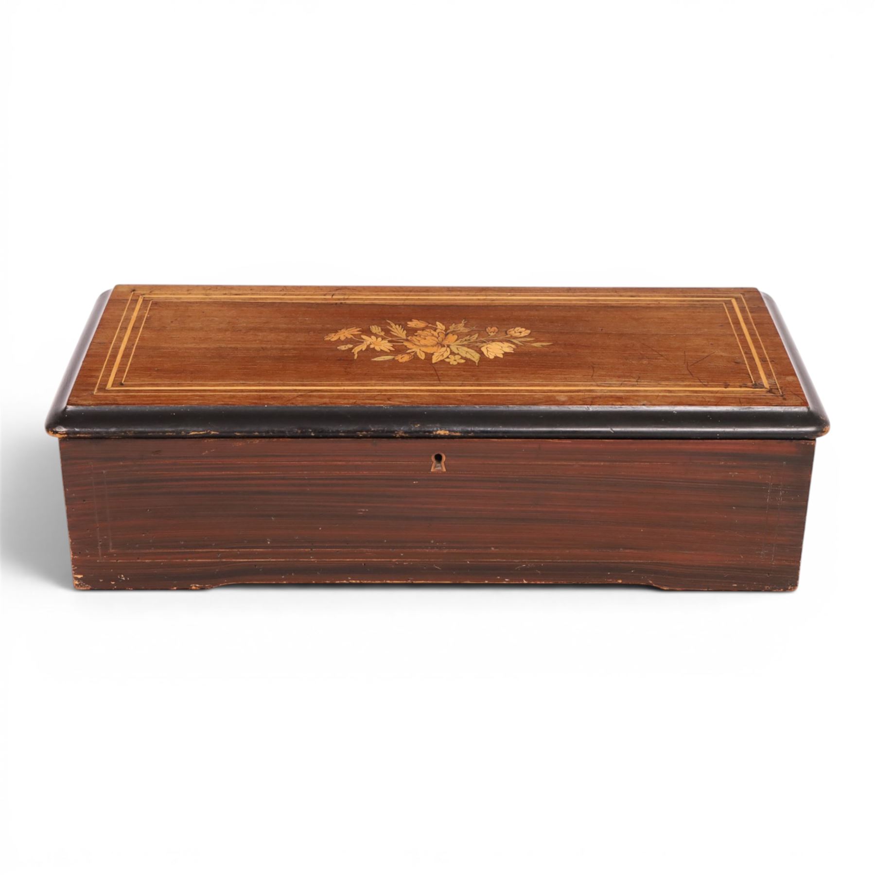 Swiss-Late 19th-century inlaid rosewood musical box playing eight airs, 78 tooth steel comb and brass cylinder, crank operated going barrel with a jewelled governor, with original tune sheet, W51cm 