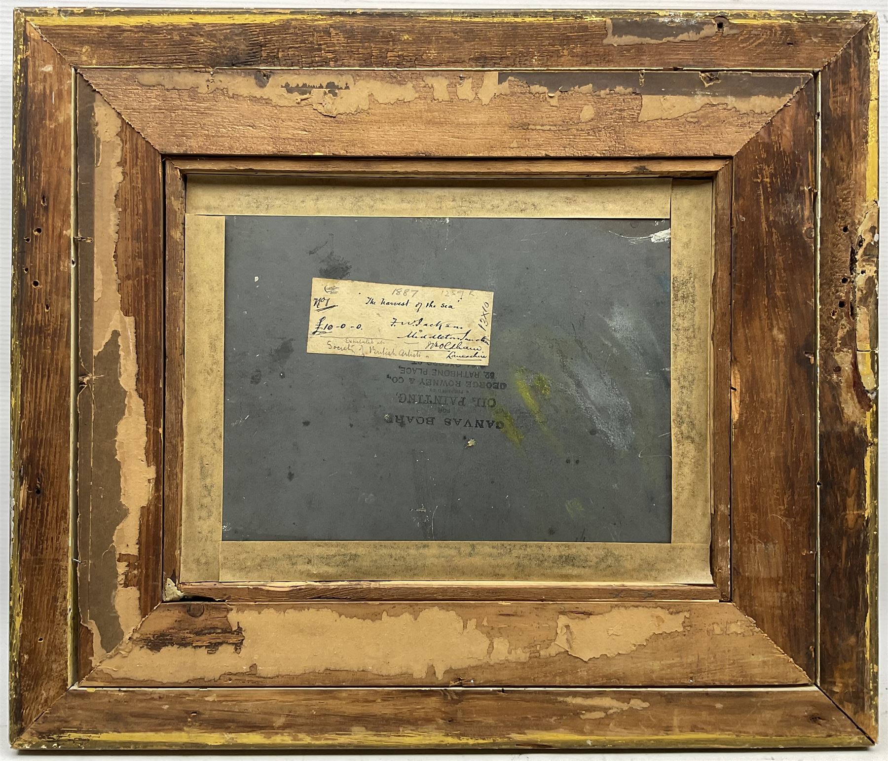 Frederick William Jackson (Staithes Group 1859-1918): 'The Harvest of the Sea', oil on canvas board signed and dated 1887, original title label verso with artist's Oldham address 24cm x 32cm