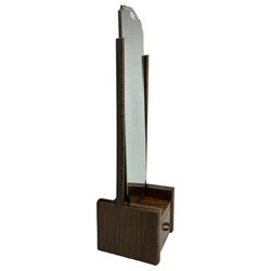 Art Deco period figured walnut cheval dressing mirror, bevelled glass with shaped top, single drawer to base