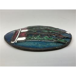 Henry George Murphy (1884-1939), Arts & Crafts enamel panel, of bulbous elliptical form decorated with a stylised crown in green, red and white, upon a turquoise toned ground, H12cm W9cm