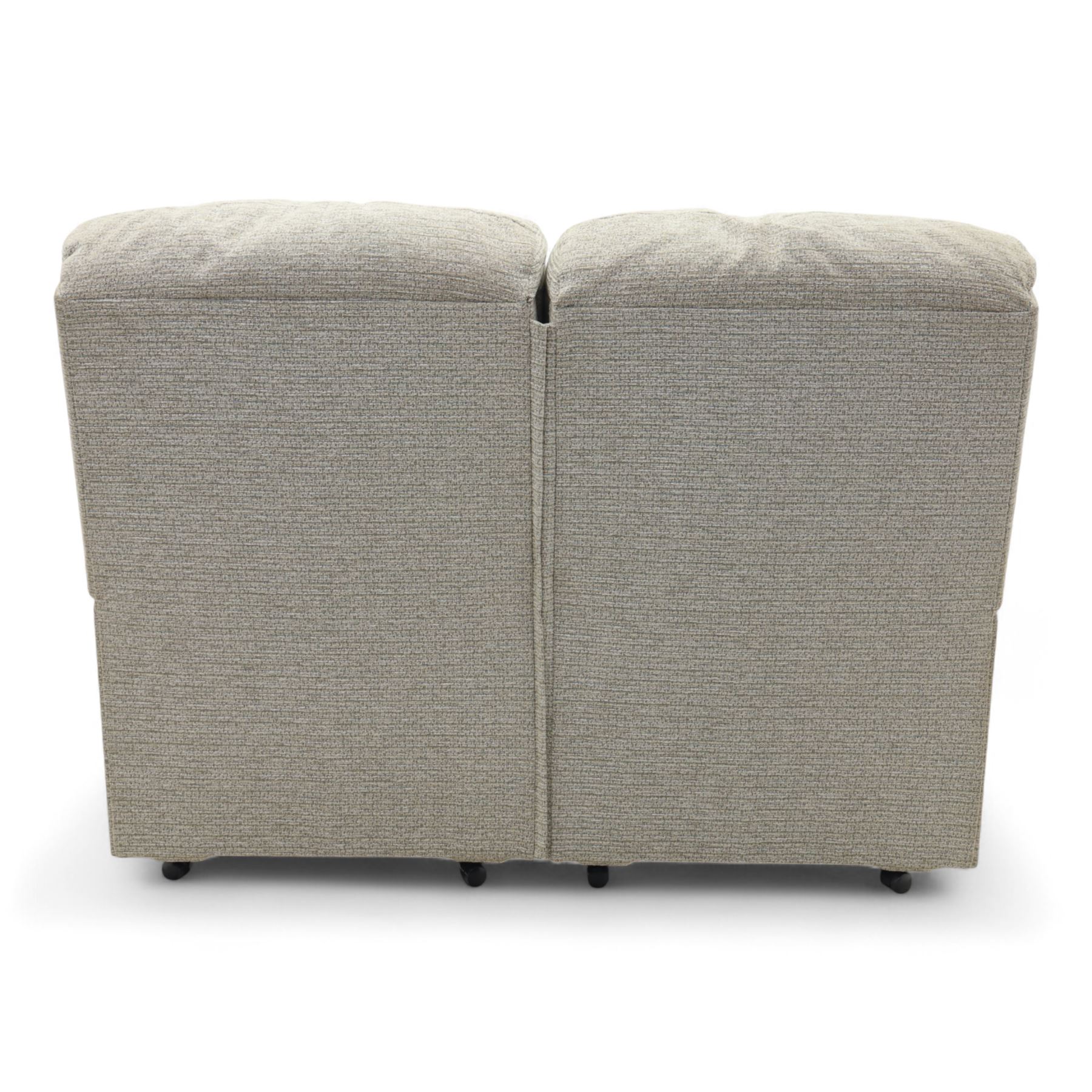 Sherborne - Two seat sofa, in grey chenille fabric upholstery with fixed cushions and upholstered scroll arms, split in to sections and on castors