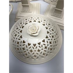 Collection of Harley Greens & co Leeds pottery creamware, including two candle sticks H14.5cm, two twin handled bowls, three plates, square tray and lidded bowl. 