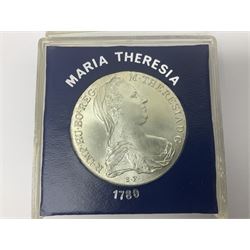 King George V British West Africa 1916 two shillings coin, King George VI Australia 1943 shilling, United States of America 1887 Morgan dollar, Bahrain 1968 500 fils silver coin, Maria Theresa restrike thaler and other coinage 