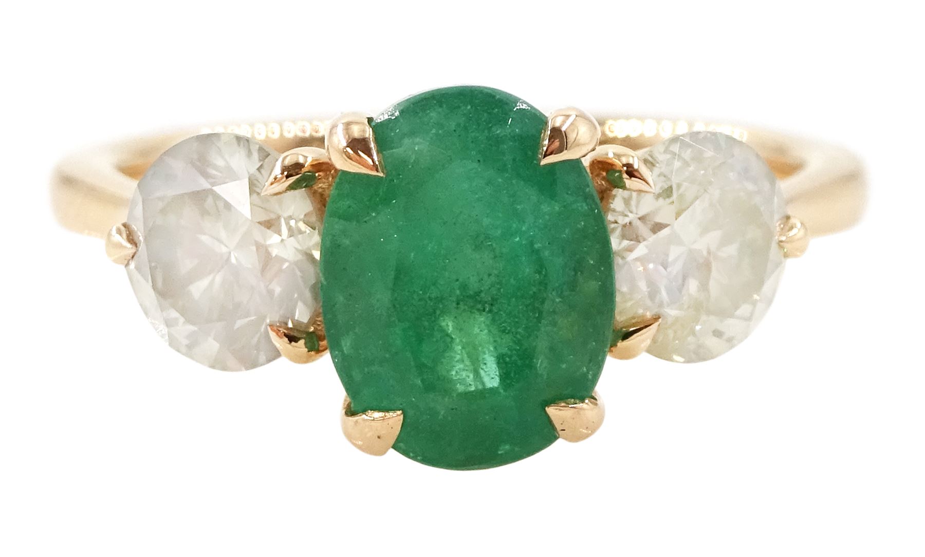 18ct rose gold three stone emerald and diamond ring, single oval cut emerald of approx 1.80 carat, with a round brilliant cut diamond set either side, hallmarked, total diamond weight approx 1.20 carat
