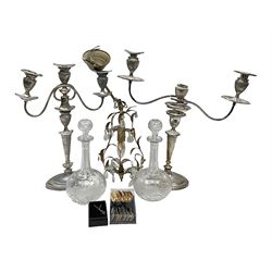 Two silver plate candelabras, together with two glass decanters, necklace and other collectables 