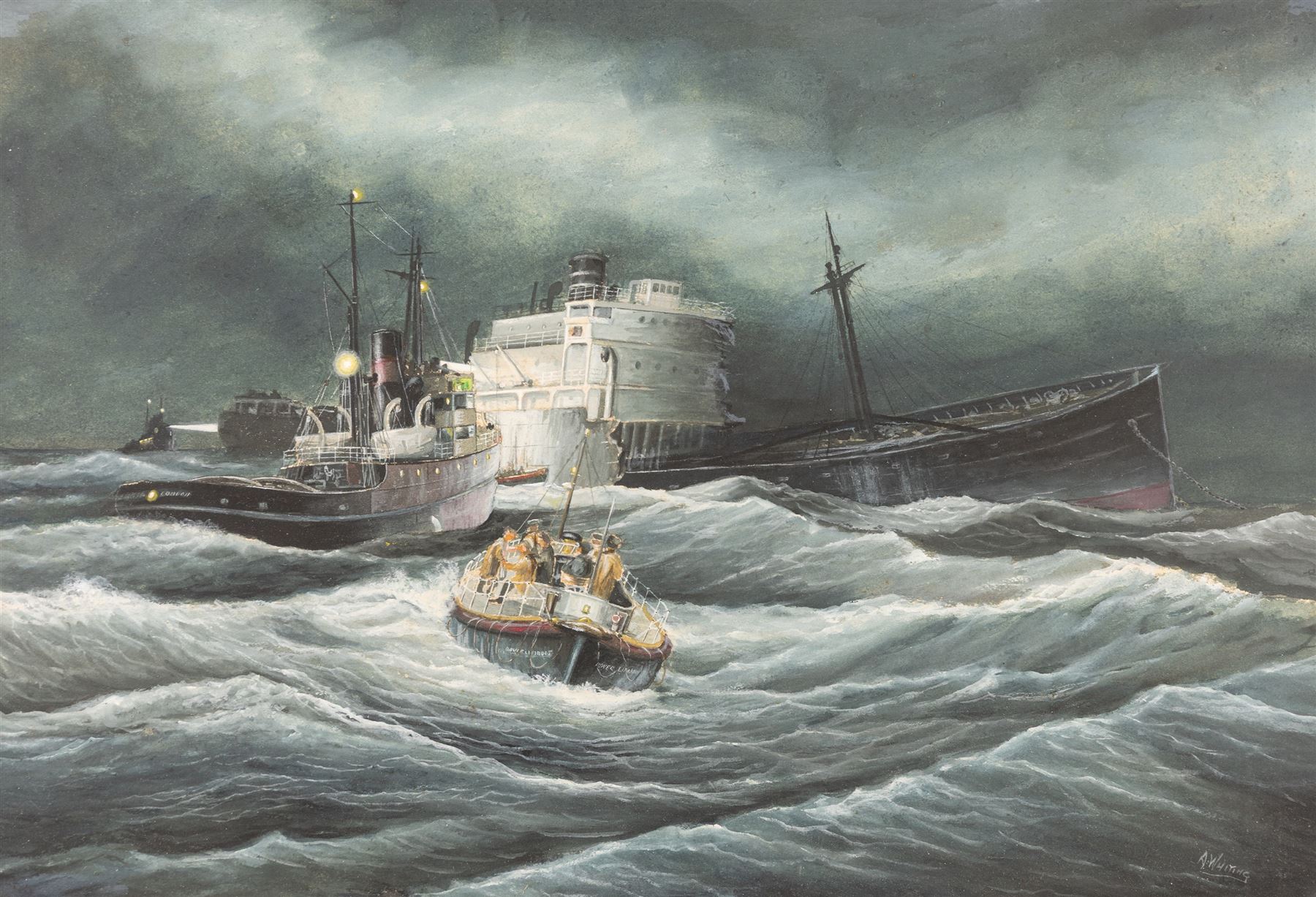 Alf Whiting (British 1905-1972): 'The Dover and Ramsgate Boats Stand By', watercolour signed, extensively titled on the mount, further titled verso 34cm x 50cm 

Notes: the picture depicts the rescue of the American Liberty Ship 'Western Farmer', which collided with the Norwegian tanker 'Bjor Gholm' twenty miles east of Deal on the 20th August 1952. The Dover lifeboat 'Southern Africa' and the Ramsgate lifeboat 'Prudential' rescued the entire crew of 37, by the light of the steam tug 'Rumania'.

Whiting was a Dover lifeboat man famed for returning from each rescue to paint the scene from memory. This was one of only two paintings done by Whiting showing a lifeboat of which he was not onboard; he had his legs in plaster at the time and was unable to go to sea, but the event became so famous that he was requested to paint it. An article on the artist from the East Kent Messenger, 13th July 1956, illustrating the present picture, is reproduced verso.