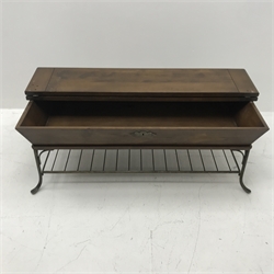 Rectangular coffee table mahogany hinged top, on wrought metal base with undertier, W134cm, H49cm, D71cm