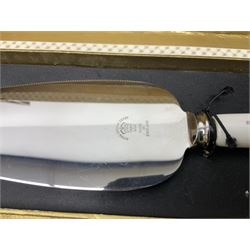 Collection of silver-plated cutlery including cased set of six EPNS cake forks, Royal Crown Derby pie server, sugar tongs, ladles, etc