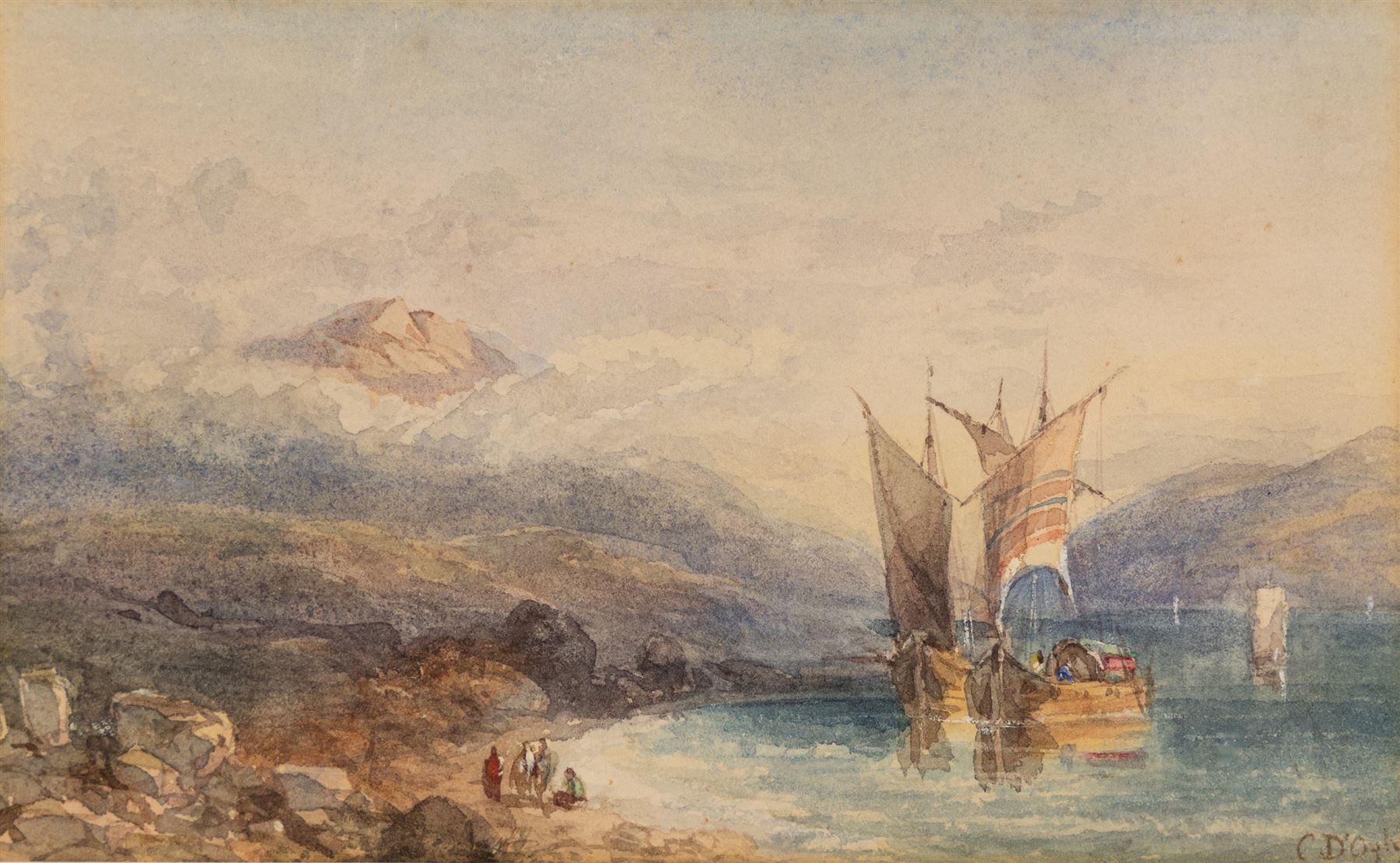 Sir Charles D'Oyly (British 1781-1845): Sailboats on a Misty River Valley, watercolour signed 9cm x 15cm