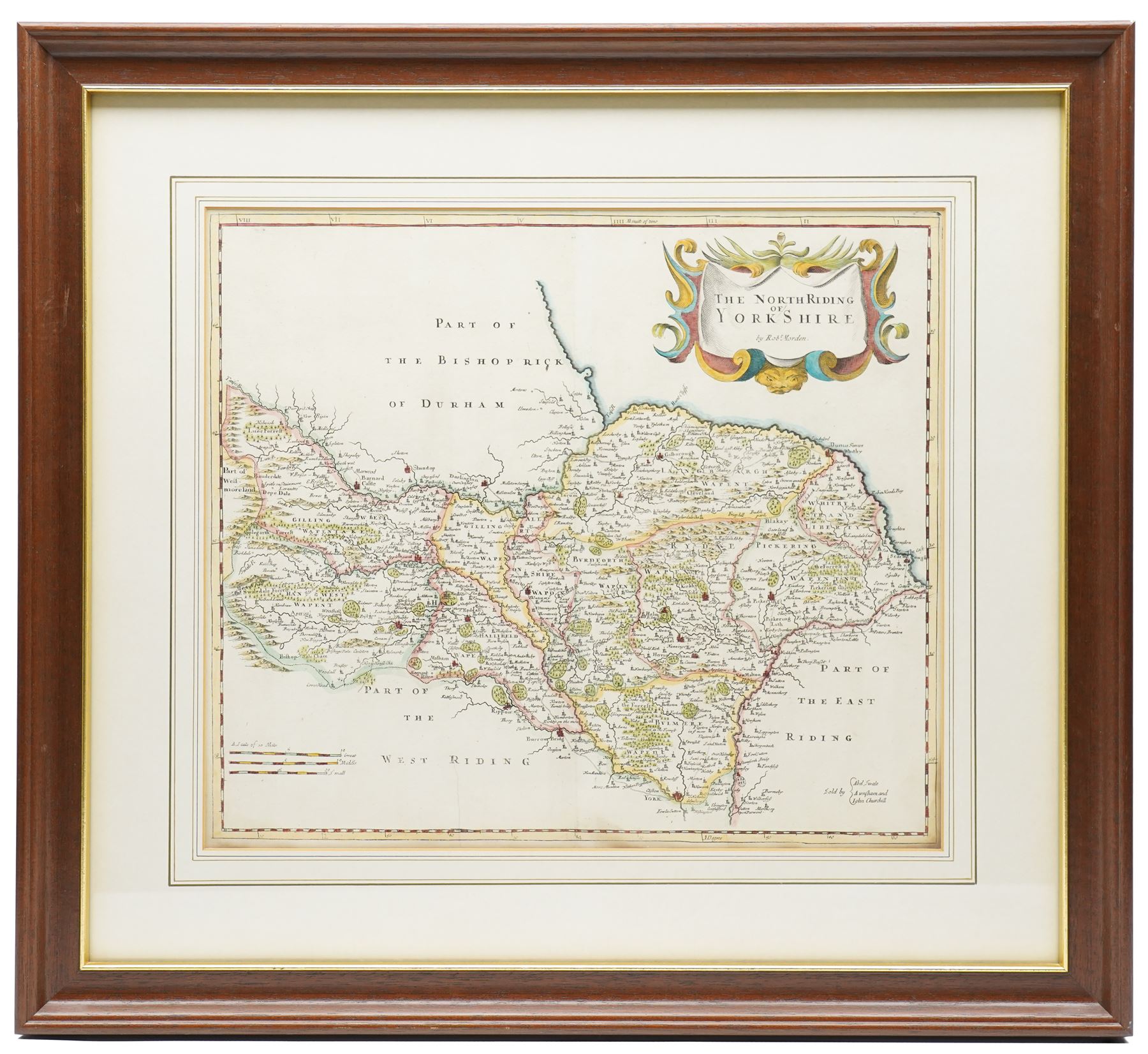 Robert Morden (British 1650-1703): 'The East Riding' 'West Riding ' 'North Riding of Yorkshire' and 'Episcopatus Dunelmensis Vulgo - the Bishoprick of Durham', set of four 17th/18th century engraved maps with hand-colouring 37cm x 42cm (4)