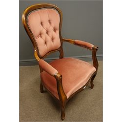  Victorian style armchair, upholstered back, seat and arm rests, shaped front rail, cabriole supports and Victorian mahogany hall chair with carved and pierced back, solid wood seat and cabriole supports  