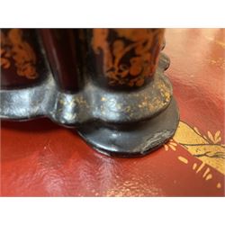 Victorian black lacquered papier-mâché sewing box, of rectangular form with shaped sides, the slightly domed top with inlaid mother of pearl and abalone decoration, the sides with gilt and polychrome painted scrollwork, the hinged cover opening to reveal a fitted interior with lift out tray, H14cm