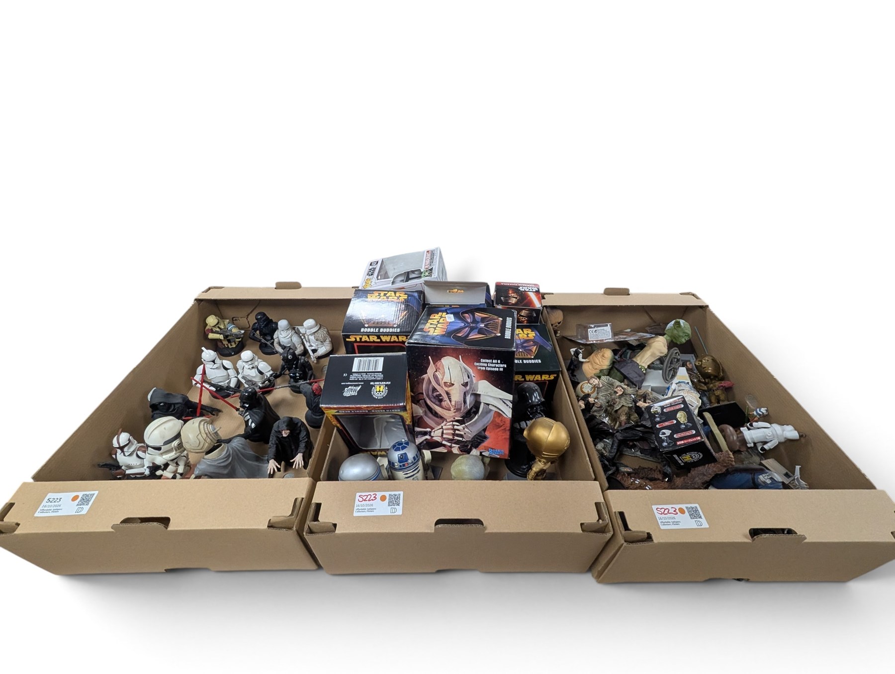 Large collection of Star Wars figures, including bobble heads, Disney busts, Funko etc, together with a collection of loose empty boxes in five boxes
