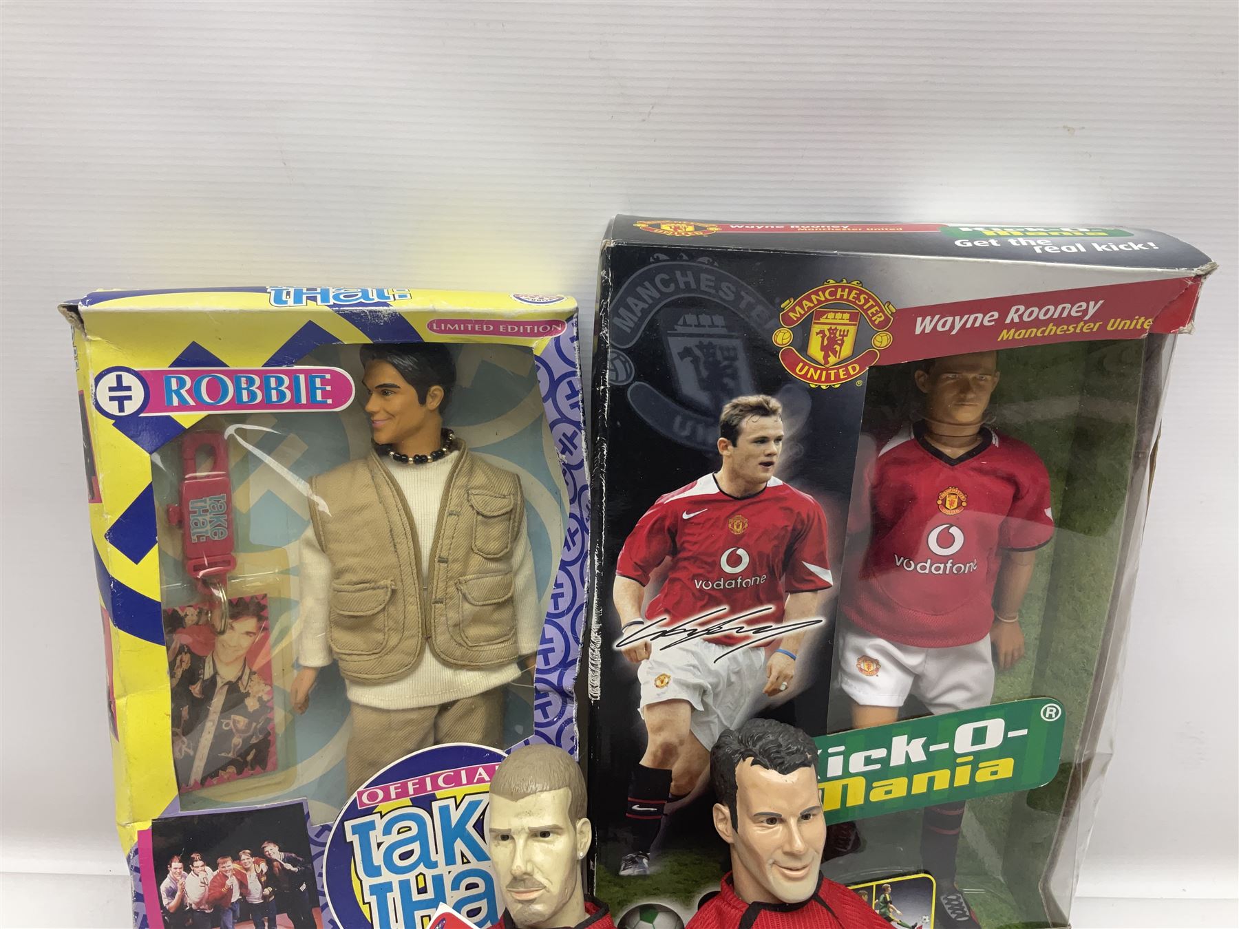 Three Mattel carded Harry Potter dolls - Harry, Hermione & Dumbledore; Vivid Imaginations Take That Robbie doll; all boxed; three Manchester United figures of players (one boxed); and The Simpsons 3-D Chess Game; boxed