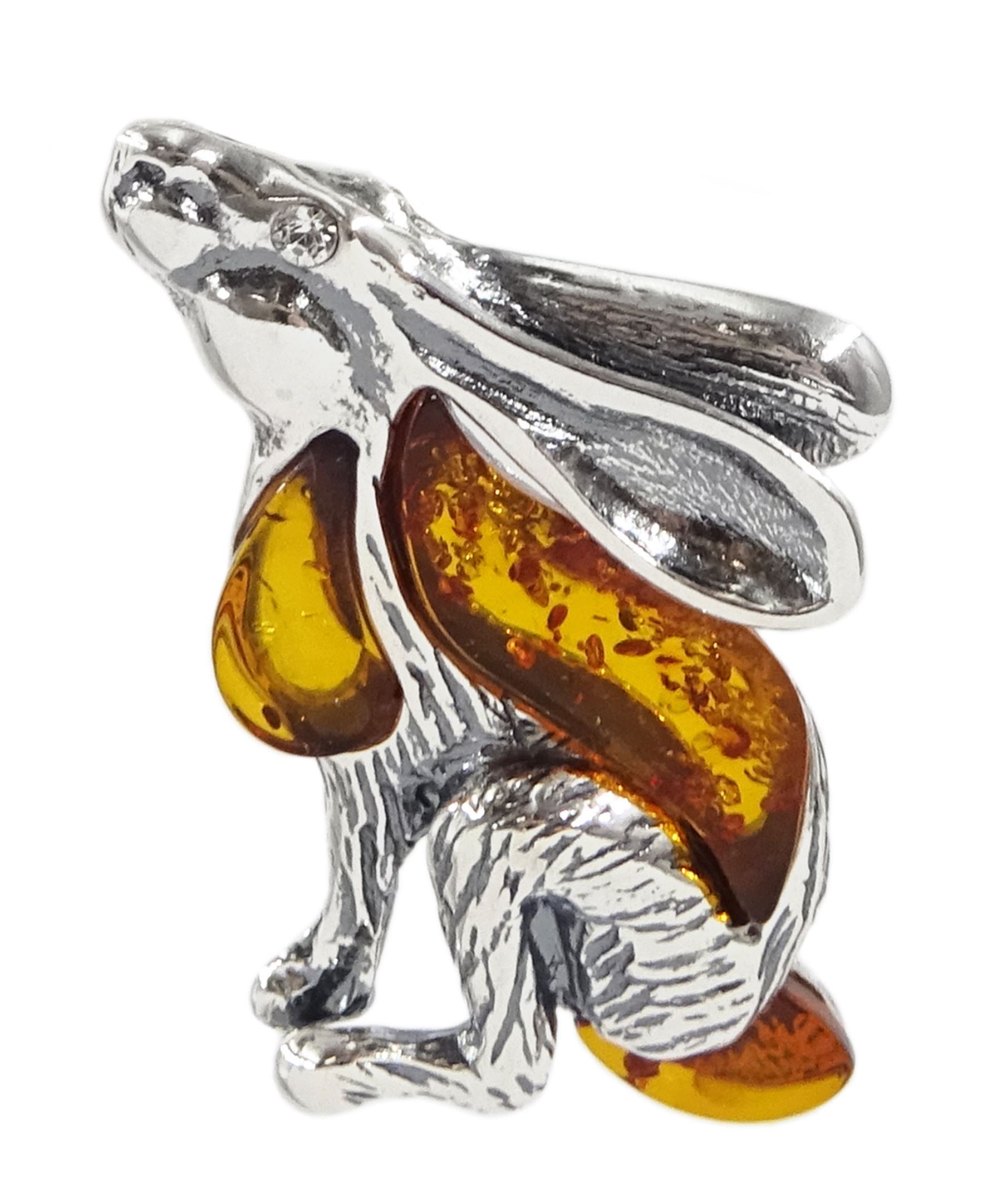 Silver Baltic amber moon gazing hare pendant, stamped 925