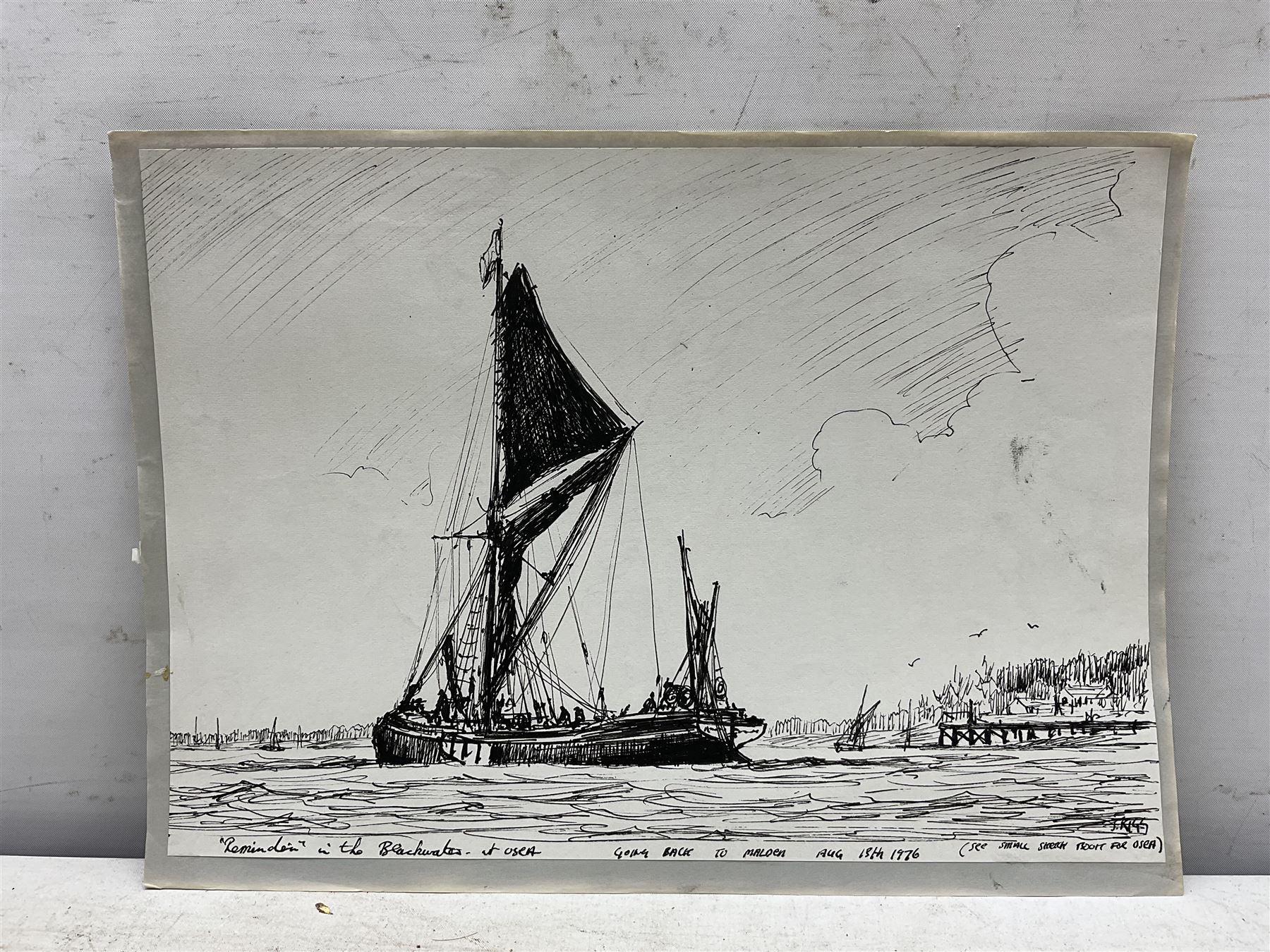 Jack Rigg (British 1927-2023): 'Reminder in the Blackwater at Osea - Going back to Malden', ink sketch signed titled and dated 1976, 19cm x 17cm (unframed)