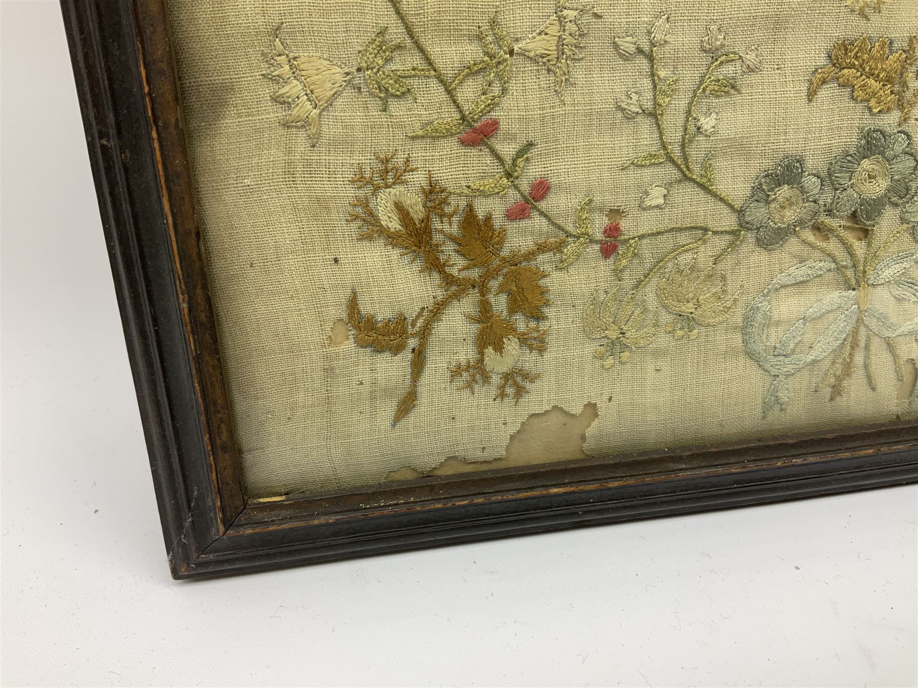 Early 19th century 'Friendship' silk work sampler, worked with poem within naturalistic floral borders, by Mary Wood aged 12, in glazed frame, H46cm W34.5c,
