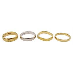 Three yellow gold wedding bands and a white gold wedding band, all hallmarked 9ct