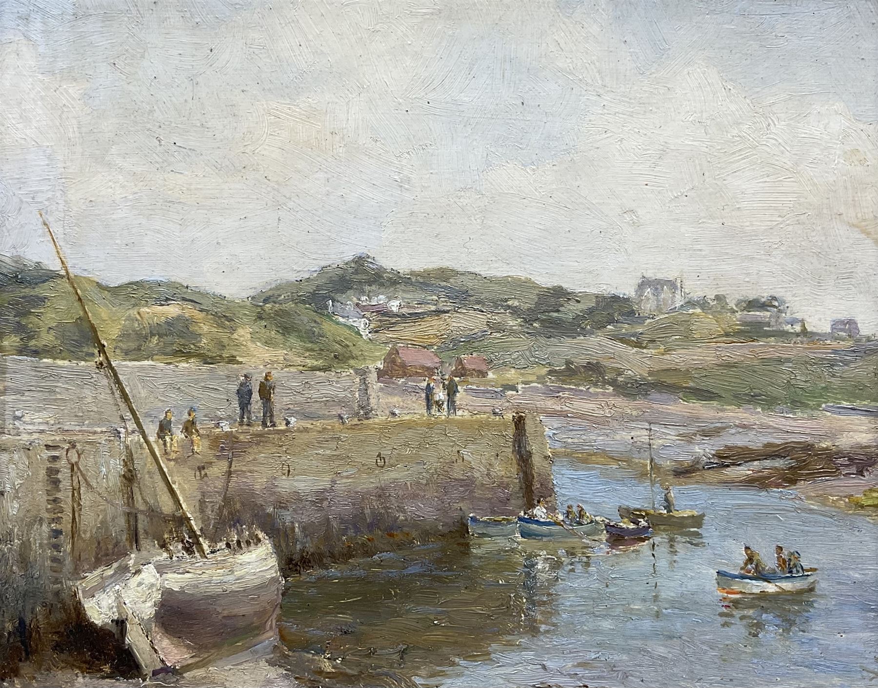 English School (Early 20th century): Fishing Boats by the Quayside, oil on board unsigned 20cm x 26cm