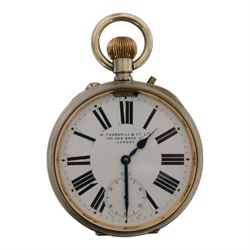 Edwardian mahogany and marquetry miniature longcase clock, the case with ogee top, over arched door flanked by turned columns, the base, door and top with classical urn and floral marquetry detail, housing goliath pocket watch, the white enamel dial with Roman numerals, chapter ring and subsidiary dial, and marked W. Thornhill & Co Ltd 144 New Bond St London, H38cm