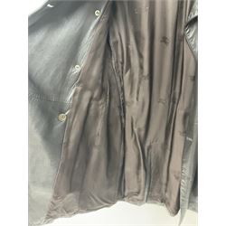 A ladies Burberry dark brown leather jacket, with waist belt and logo lining, size medium 
