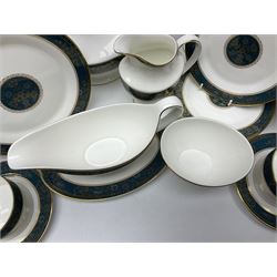 Royal Doulton Carlyle pattern tea and dinner service for six, to include teapot, coffee pot, teacups and saucers, coffee cups and saucers, milk jug, open sucrier, dinner plates, side plates, bowls, soup bowls, to covered dishes etc (64) 