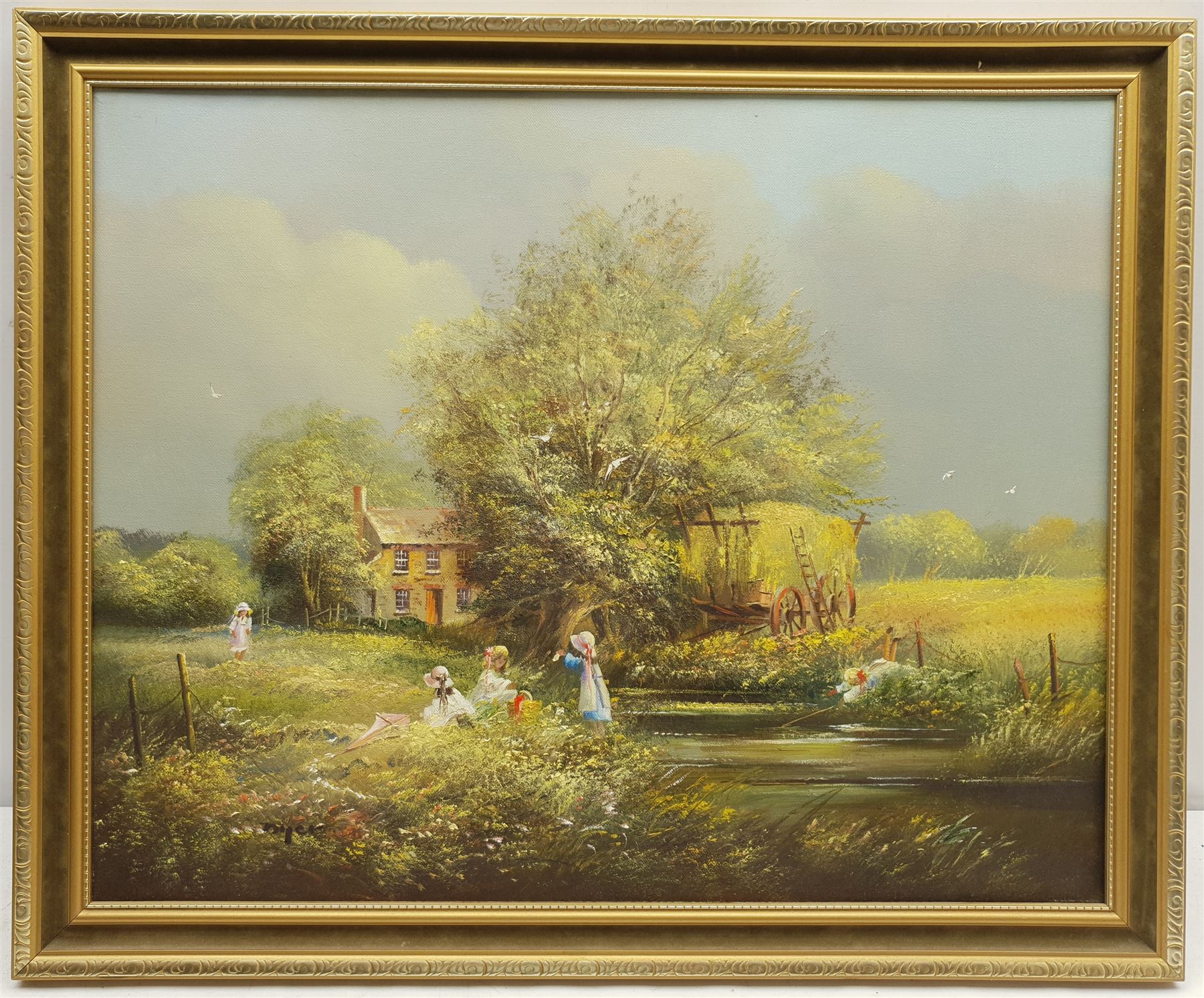 Edward 'Ted' Dyer (British 1940-): Children Playing by the River, oil on canvas signed 39cm x 49cm