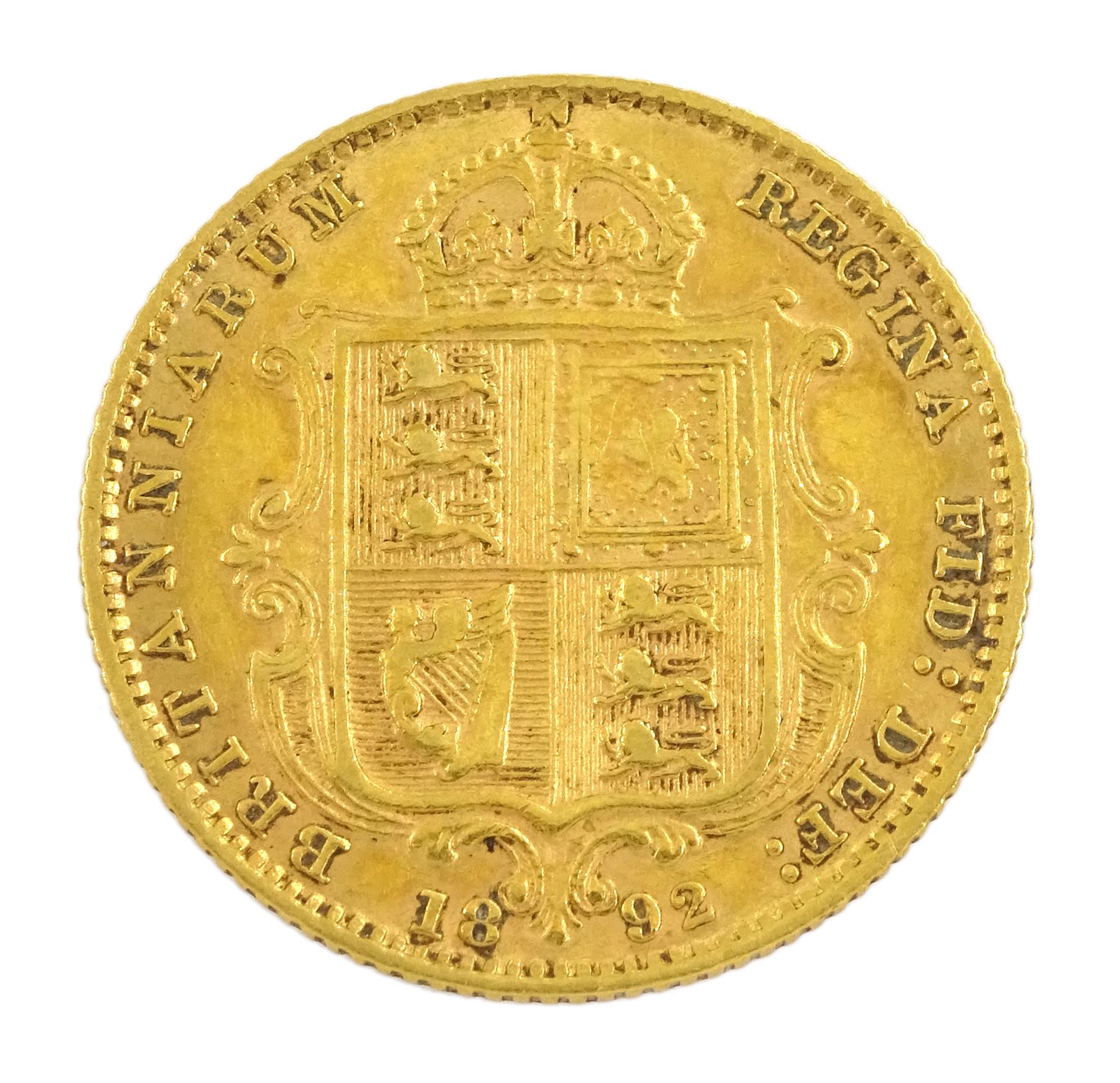 Queen Victoria 1892 gold half sovereign coin, shield reverse
