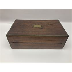 Mahogany tea caddy of sarcophagus form the hinged lid enclosing twin tea compartments, raised on bun feet, together with two brass bound correspondence boxes, tea caddy H22cm