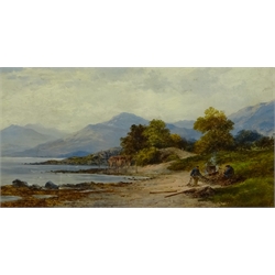  Scottish School (19th century): Mending Salmon Nets by the Water's Edge, oil on board unsigned 23cm x 43cm  