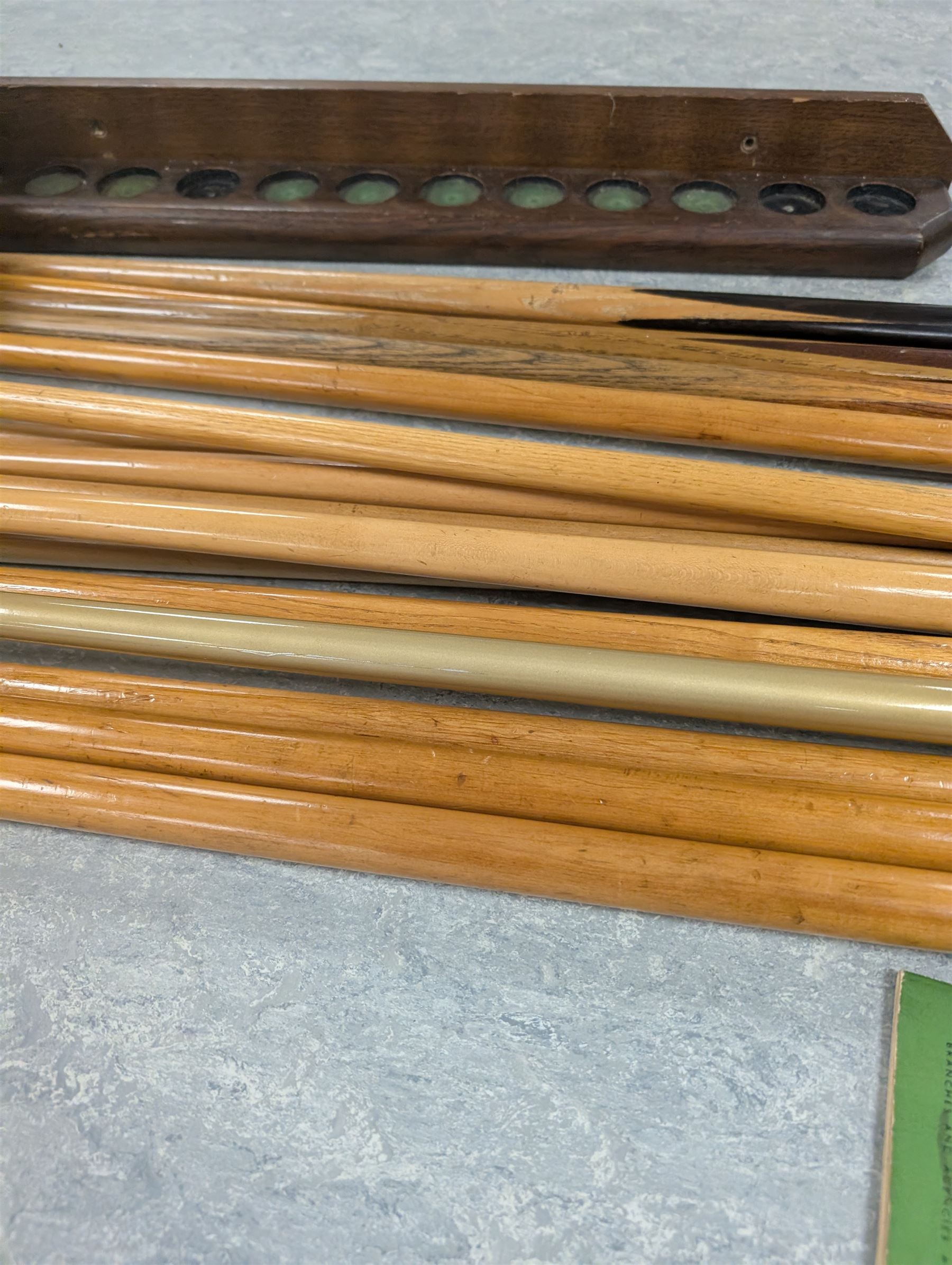 E J Riley billiard rules, together with Super Crystalate snooker balls, cue racks and a quantity of cues and extensions