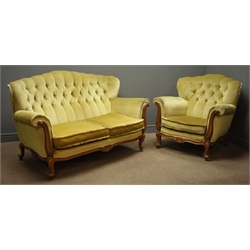  20th century French style walnut framed three piece lounge suite, two seat sofa (W154cm), and a matching armchair (W90cm)  