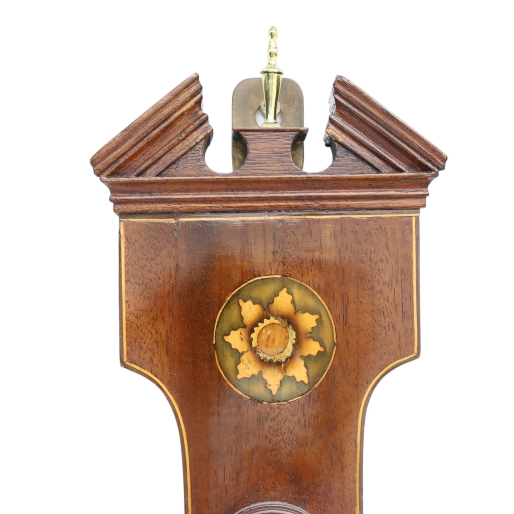 L. Solcha & Co. of Hull - 19th century Sheraton Revival mahogany wheel barometer, the swan neck pediment above a floral inlaid medallion and thermometer, with further shell inlay flanking the stem, the circular silvered dial above a shaped terminal, H 99cm