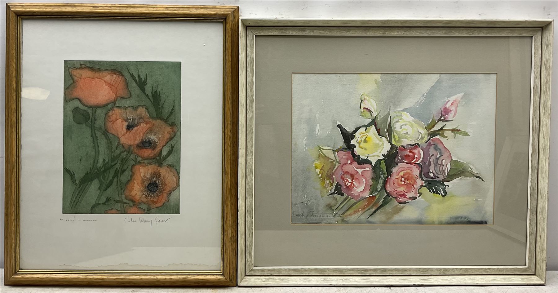 Chloe Hilary Gear (British Contemporary): 'Poppy - Oriental', artist's proof coloured etching with aquatint signed and titled in pencil 30cm x 23cm with full margins; Daphne Stevenson (British Contemporary): Roses, watercolour signed, titled verso with artist's Richmond address 30cm x 40cm