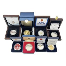 Eight silver coins, including Queen Elizabeth II Bailiwick of Jersey 2011 'The Royal British Legion 90th Anniversary' five pounds, 2015 'The Red Arrows 2015 Display Season' five pounds, United Kingdom 2012 'The Queen's Diamond Jubilee' gold plated five pounds etc