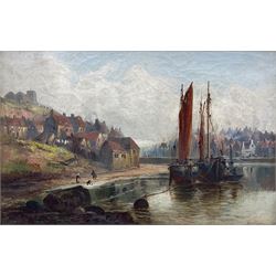 William Gilbert Foster (Staithes Group 1855-1906): Boats Moored at Tate Hill Pier Whitby, oil on canvas signed 29cm x 45cm