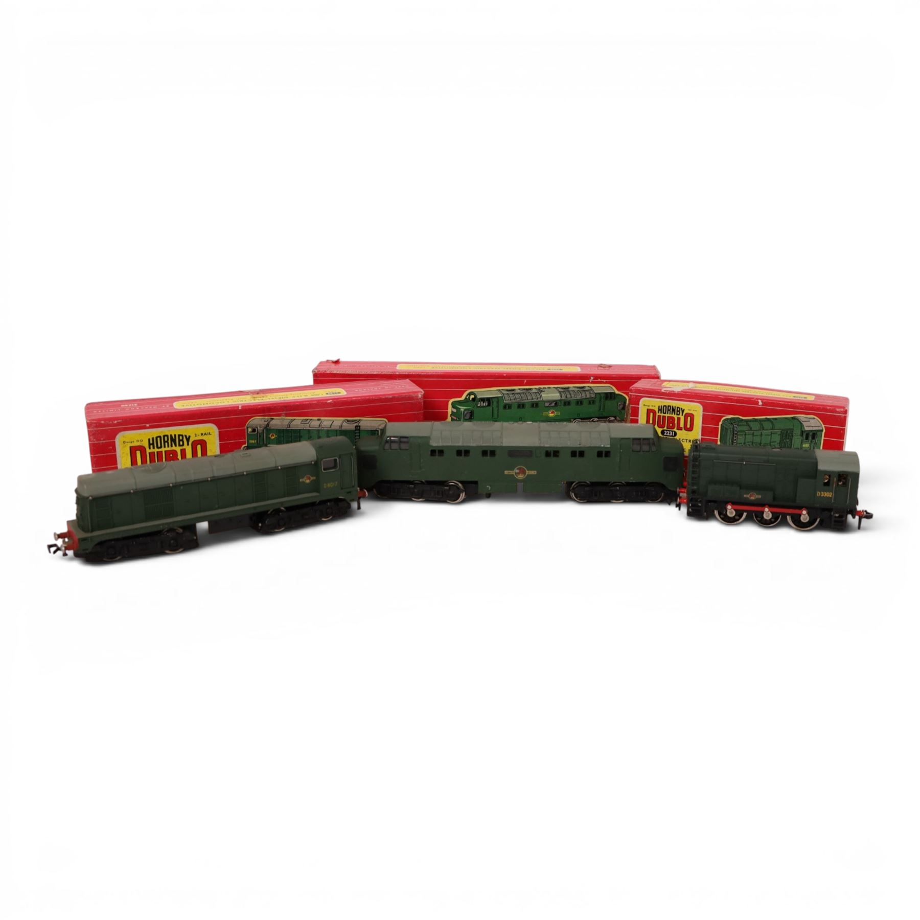 Three Hornby Dublo 00 gauge diesel electric locomotives in green, comprising no. 2231 0-6-0 Shunting Locomotive, no. 2230 1000 B.H.P and no. 2232 Co-co, all boxed