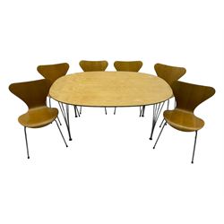 Piet Hein & Bruno Mathsson for Fritz Hansen - contemporary 'superellipse' dining table, oval beech top raised on four chrome supports; set of six Fritz Hansen butterfly-shaped chairs on tubular chrome supports