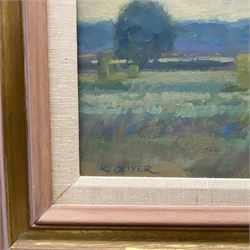 Raymond Oliver (British 1933-): 'Wolds Harvest', oil on board signed, titled and dated 1989 on label verso 29cm x 30cm 