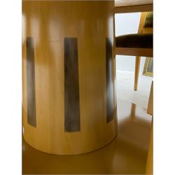 Contemporary beech and maple dining table, circular top on tapered cylindrical pedestal inlaid with rectangular panels, on circular base; together with set eight beech high back chairs upholstered in striped fabric, on turned supports 