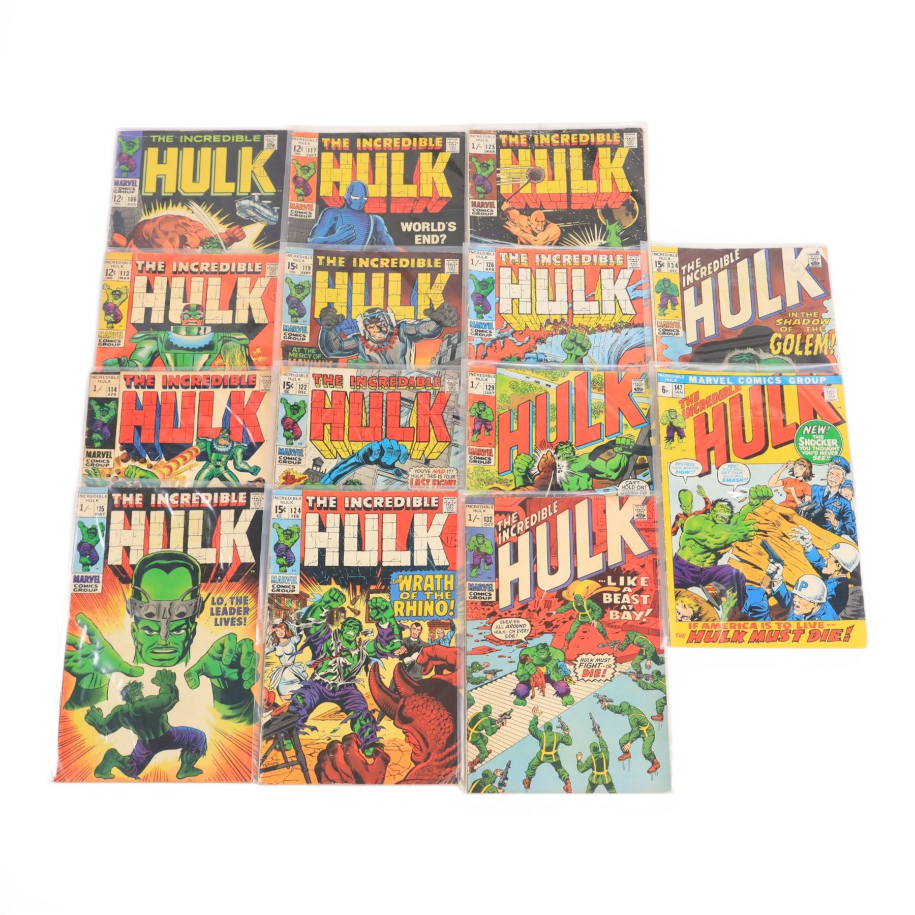 Fourteen Marvel Silver and Bronze Age 'The Incredible Hulk' comic books,  spanning years 1968-72, comprising issues #106, #113-#115, #117, #119, #122, #124-#126, #129, #132, #134 and #147