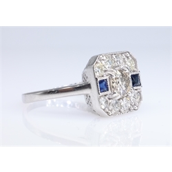  Art Deco design old cut diamond and sapphire white gold ring stamped 18ct  