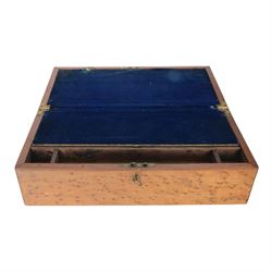 Two writing slopes, including brass bound mahogany example, together with a wooden box with brass handles to sides and cover, tallest H28cm