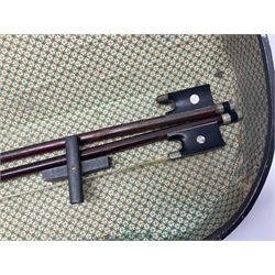 German violin c1900 for re-assembly with 36cm two-piece maple back and ribs and spruce top; L59cm; in ebonised wooden 'coffin' case with two bows