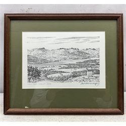 Alfred Wainwright MBE (British 1907-1991): 'Richmond Castle' 'Langdale Pikes from Lingmoor Fell' 'The North-Western Fells' and 'View from Orrest Head', four monochrome prints each signed in pen by the artist max 18cm x 23cm (4)