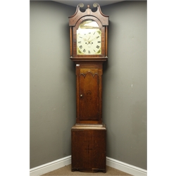  Early 19th century oak and mahogany banded longcase clock, triple arched trunk door with inlay, eight day movement with enamel dial painted with cattle and castle scene signed 'Wrangles Scarboro', H221cm  