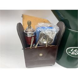 Bugatti cast iron sign with a red background, Shell Oil cast iron sign with gold background, together with Land Rover oil can, motorist warning lamp & torch tool kit and other motoring items 