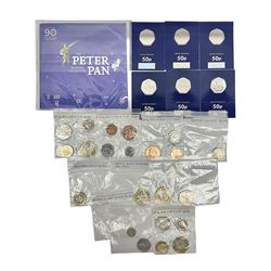 Queen Elizabeth II mostly commemorative coinage including Isle of Man 2019 'The Peter Pan fifty pence collection', six brilliant uncirculated fifty pence coins on Change Checker cards, etc.